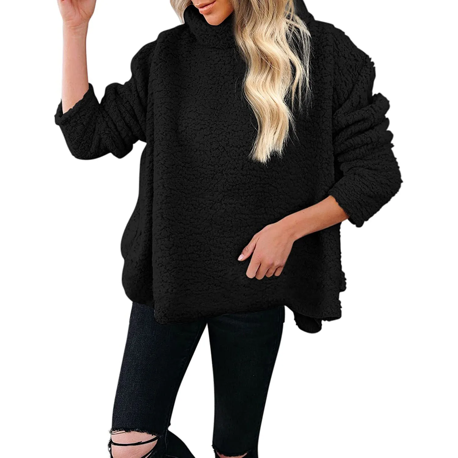 Oversized Turtleneck-Style Fleece Long Sleeved Sweater