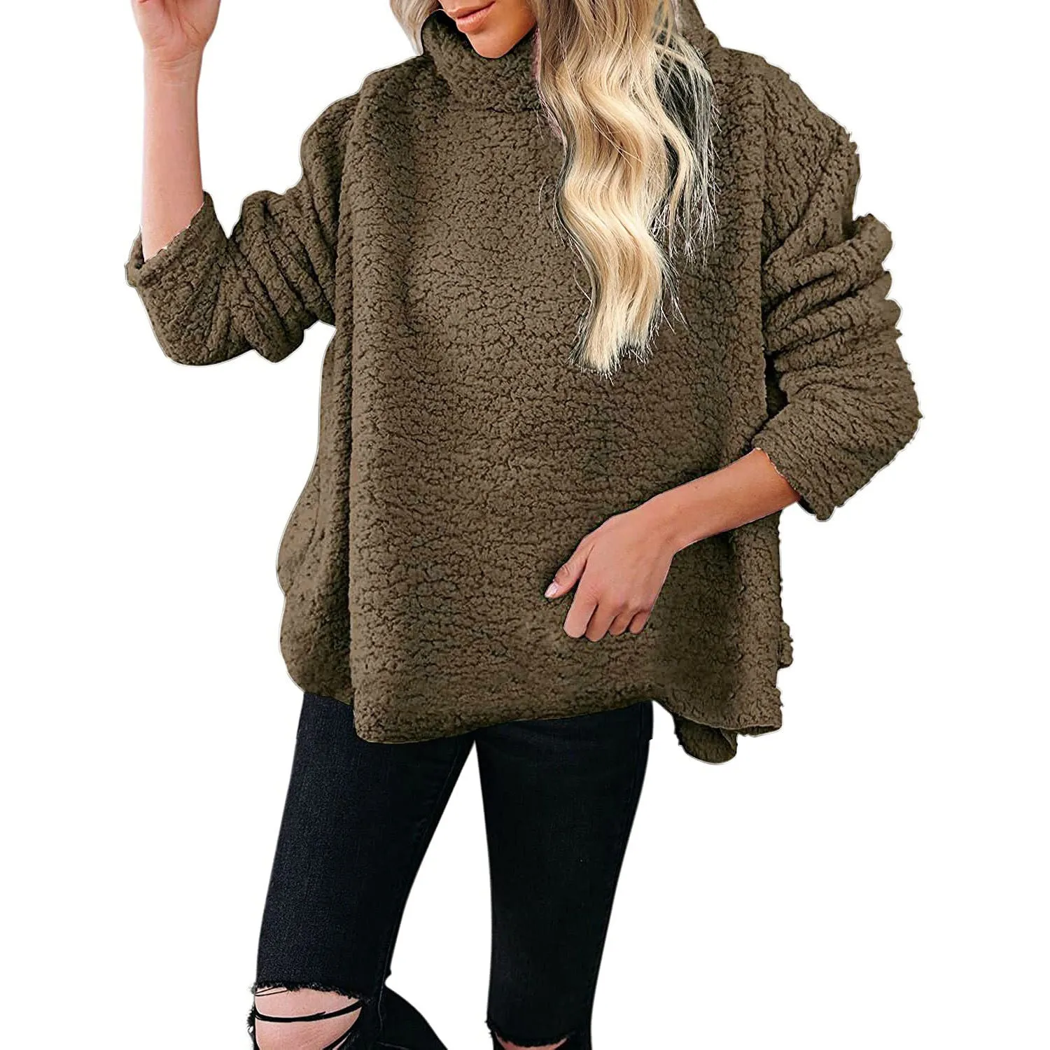 Oversized Turtleneck-Style Fleece Long Sleeved Sweater