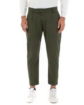 Pantaloni Uomo Abbottonatura Allungata Cotone Capri Tinta Unita Verde Casual GIOSAL-P5936A