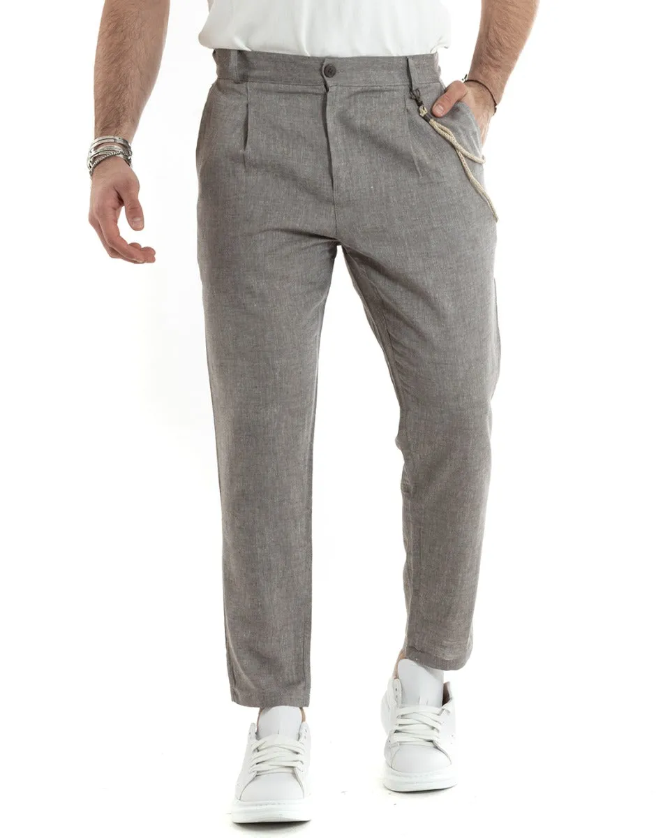 Pantaloni Uomo Lino Lungo Bottone Classico Casual Tortora Melangiato GIOSAL-P5797A