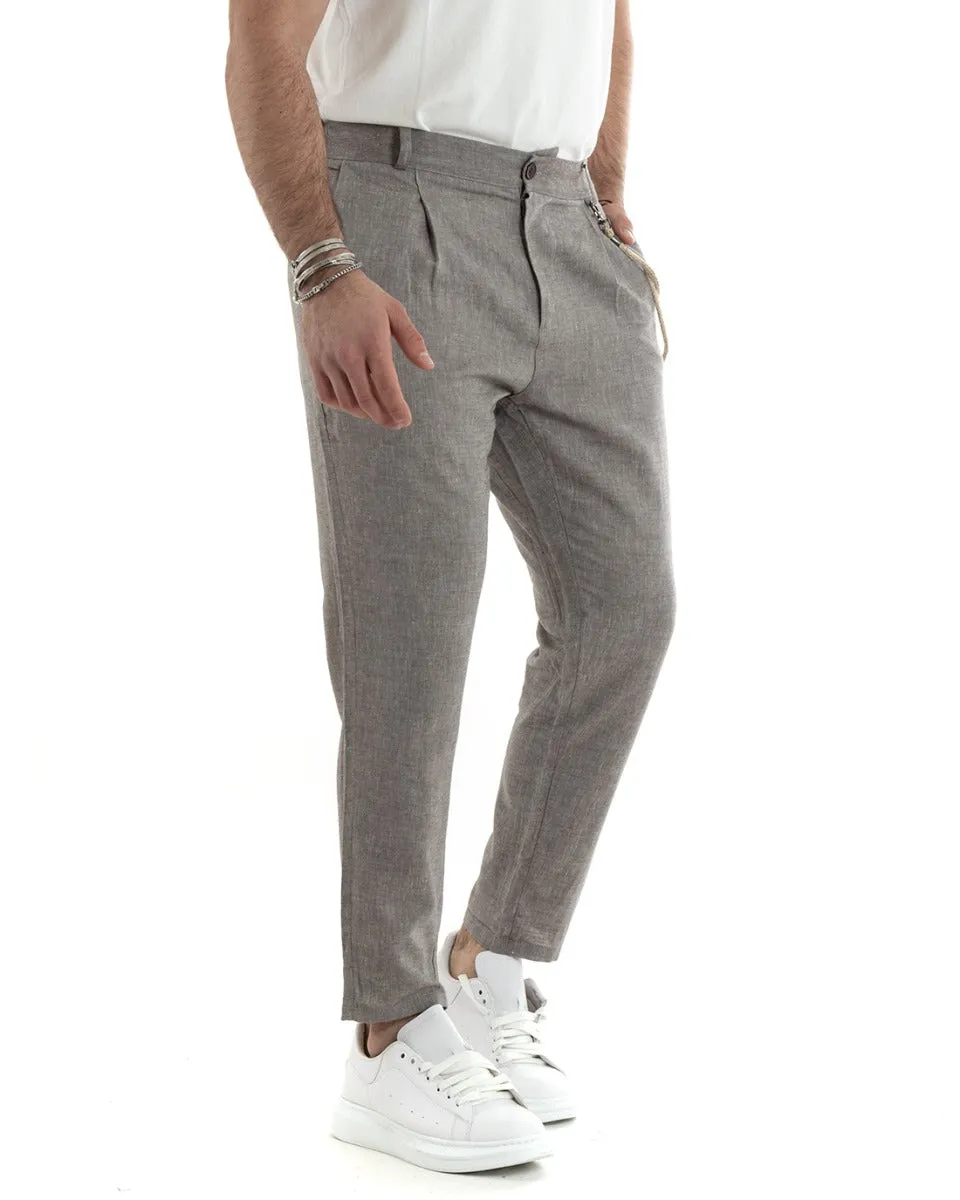 Pantaloni Uomo Lino Lungo Bottone Classico Casual Tortora Melangiato GIOSAL-P5797A