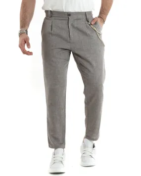 Pantaloni Uomo Lino Lungo Bottone Classico Casual Tortora Melangiato GIOSAL-P5797A