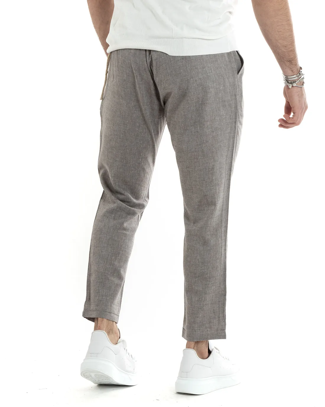 Pantaloni Uomo Lino Lungo Bottone Classico Casual Tortora Melangiato GIOSAL-P5797A