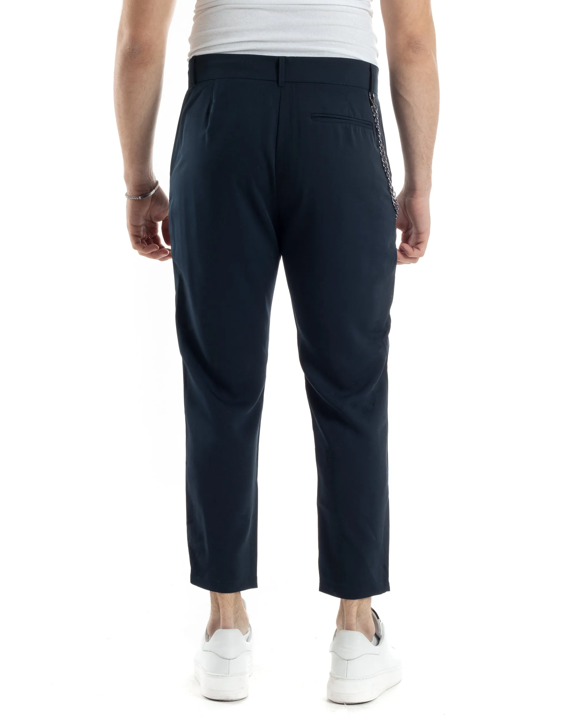 Pantaloni Uomo Tasca America Viscosa Abbottonatura Allungata Capri Casual Blu GIOSAL-P6059A