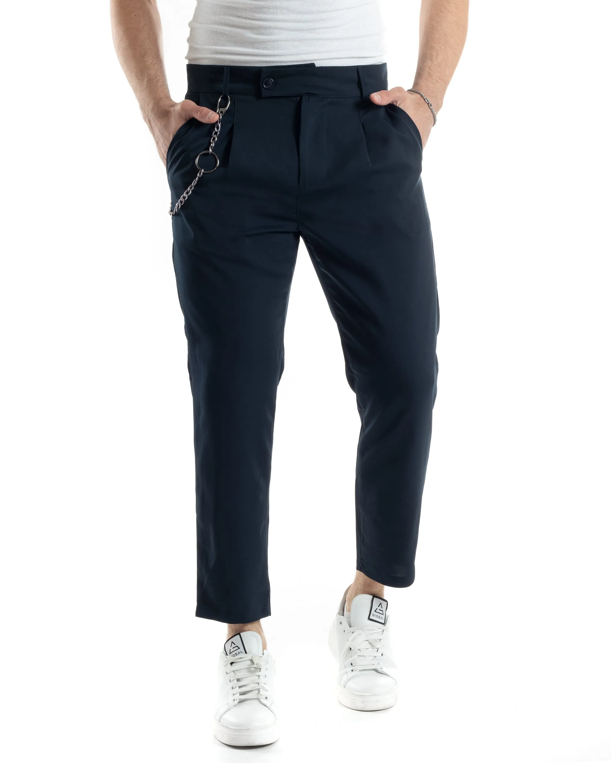 Pantaloni Uomo Tasca America Viscosa Abbottonatura Allungata Capri Casual Blu GIOSAL-P6059A