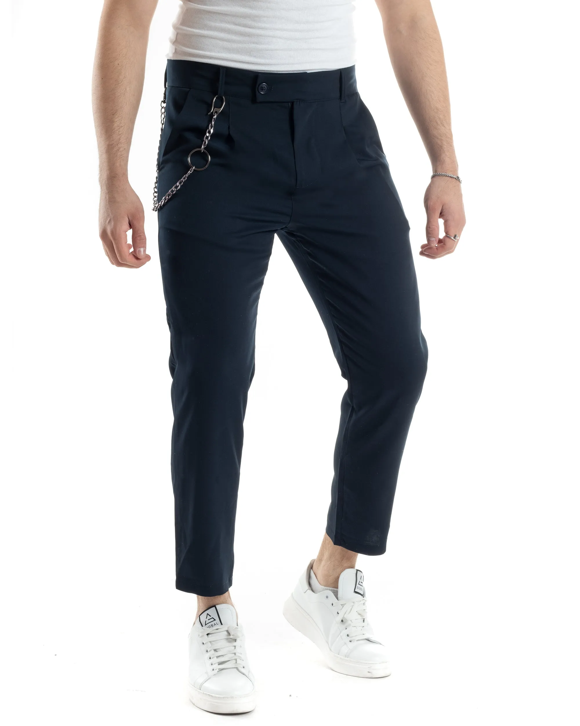 Pantaloni Uomo Tasca America Viscosa Abbottonatura Allungata Capri Casual Blu GIOSAL-P6059A