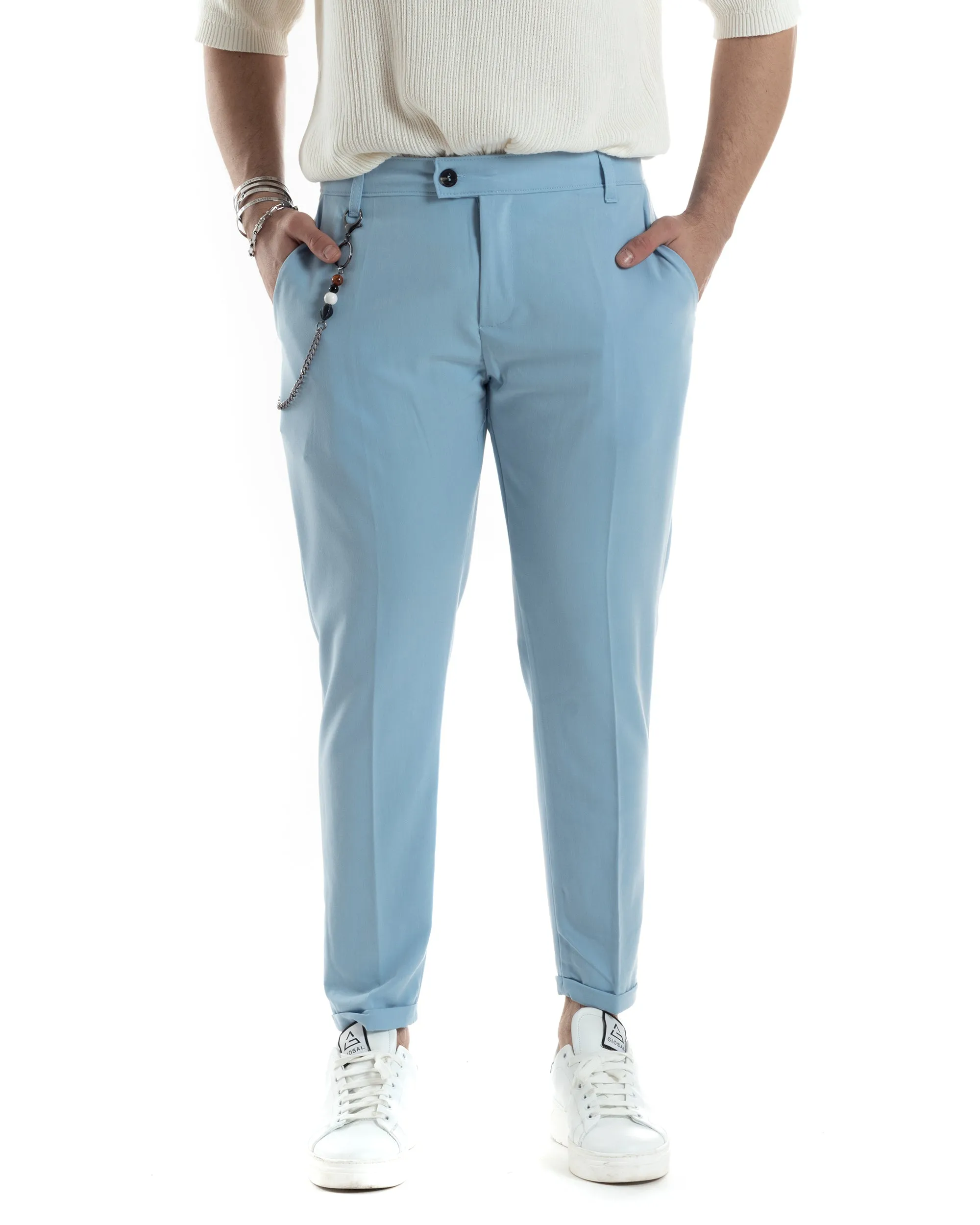 Pantaloni Uomo Viscosa Tasca America Classico Abbottonatura Allungata Casual Celeste GIOSAL-P6044A