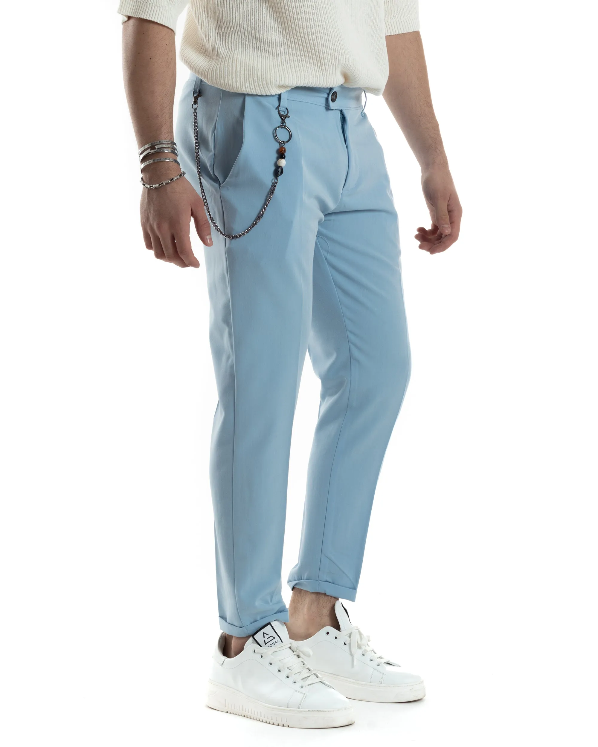 Pantaloni Uomo Viscosa Tasca America Classico Abbottonatura Allungata Casual Celeste GIOSAL-P6044A