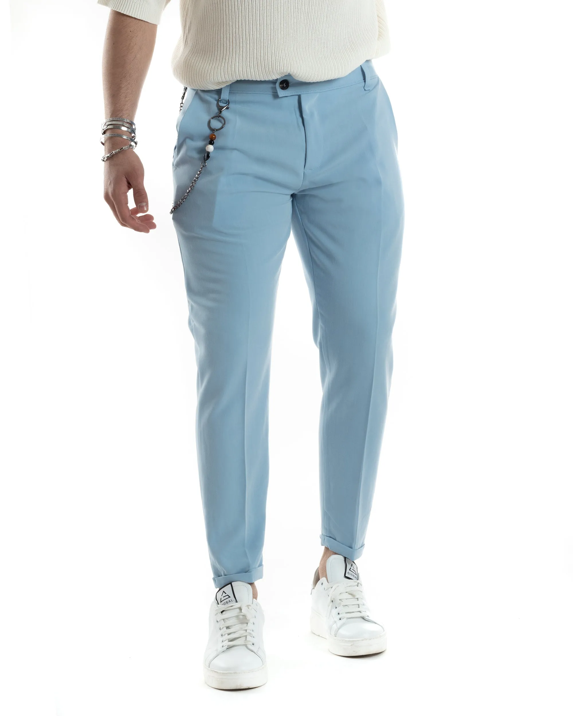 Pantaloni Uomo Viscosa Tasca America Classico Abbottonatura Allungata Casual Celeste GIOSAL-P6044A