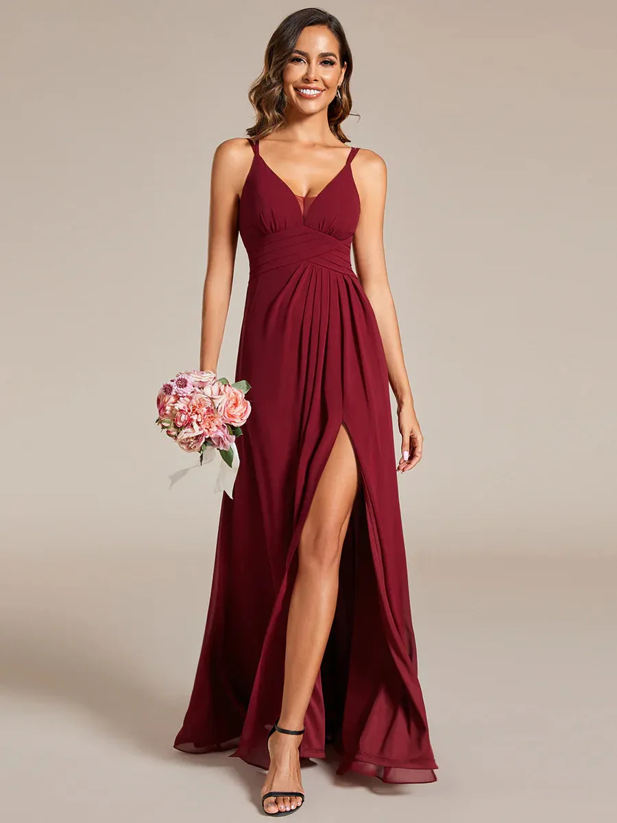 Plunging Neck Split Spaghetti Strap Back X-Cross Bridesmaid Dress