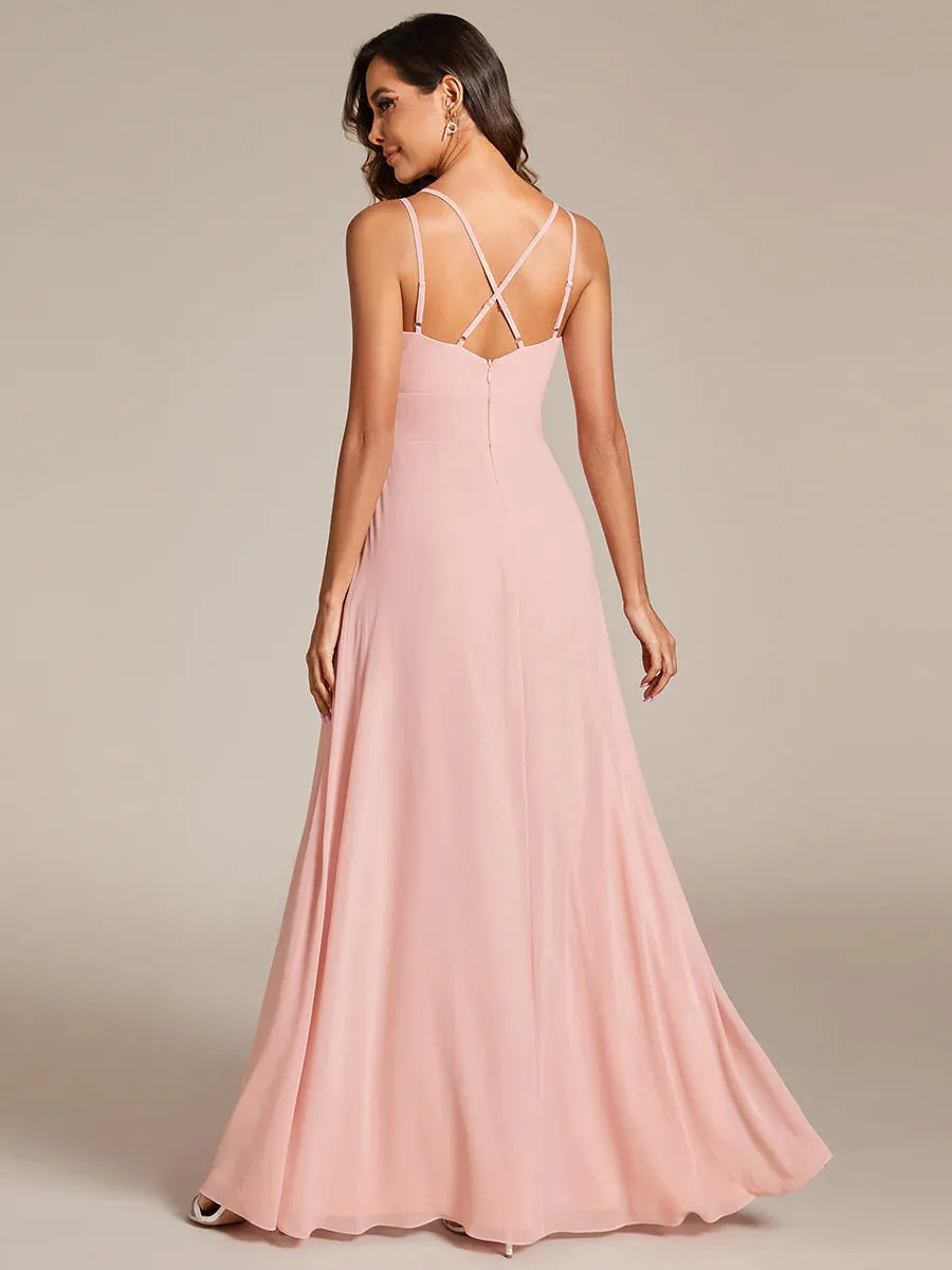 Plunging Neck Split Spaghetti Strap Back X-Cross Bridesmaid Dress