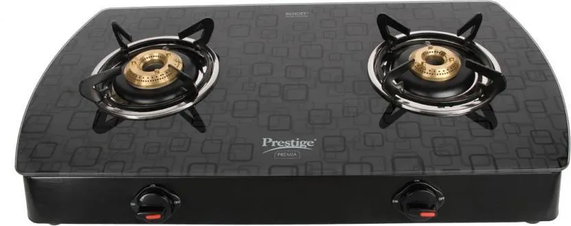 Prestige Premia Schott Designer Series GlassTop, 2 Burner Gas Stove, Black (GTS 02D)