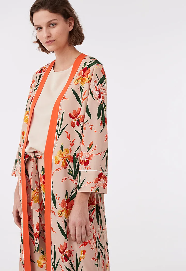 Printed Long Kimono With Contrast Tape