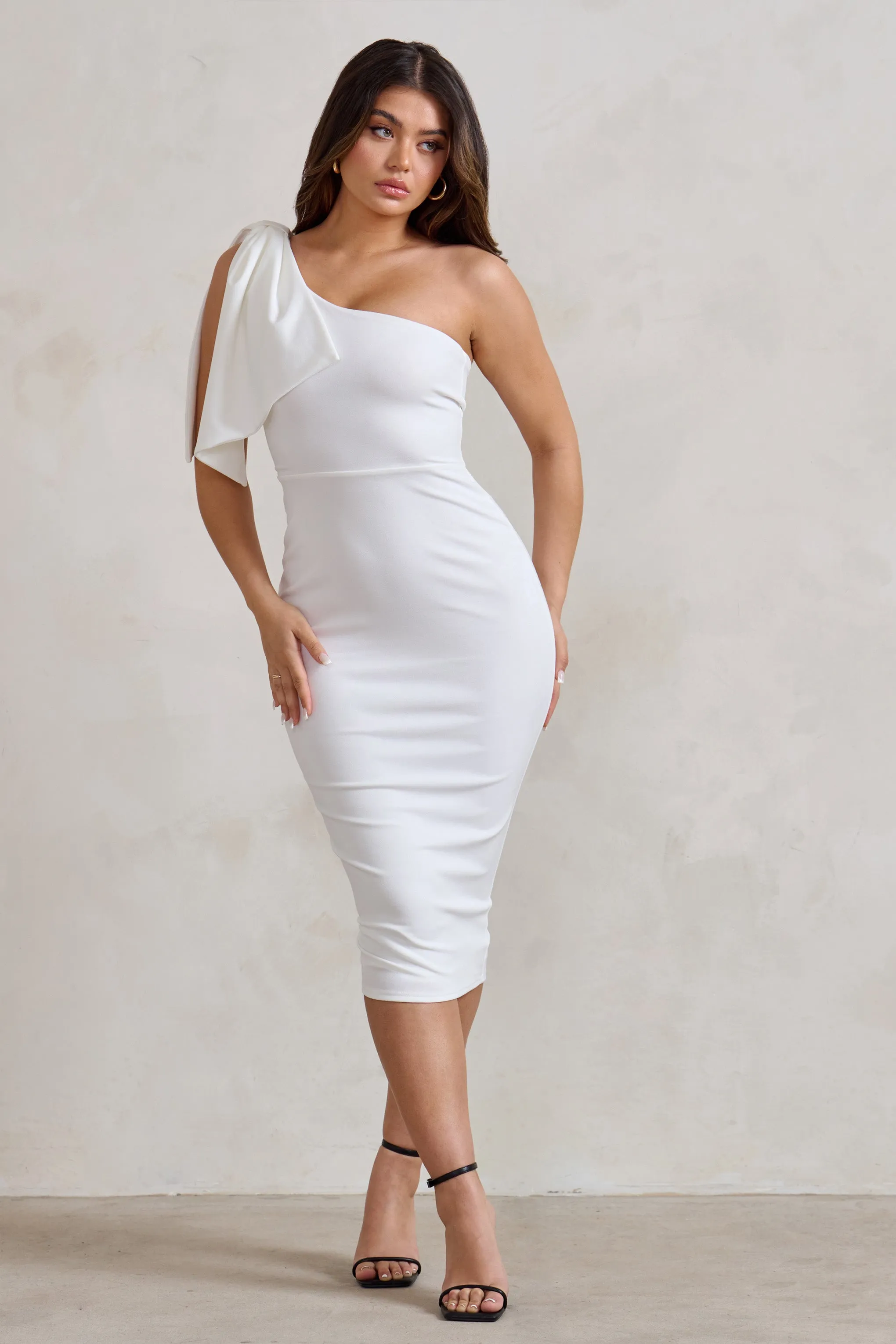 Samantha | White One Shoulder Bow Detail Midi Dress