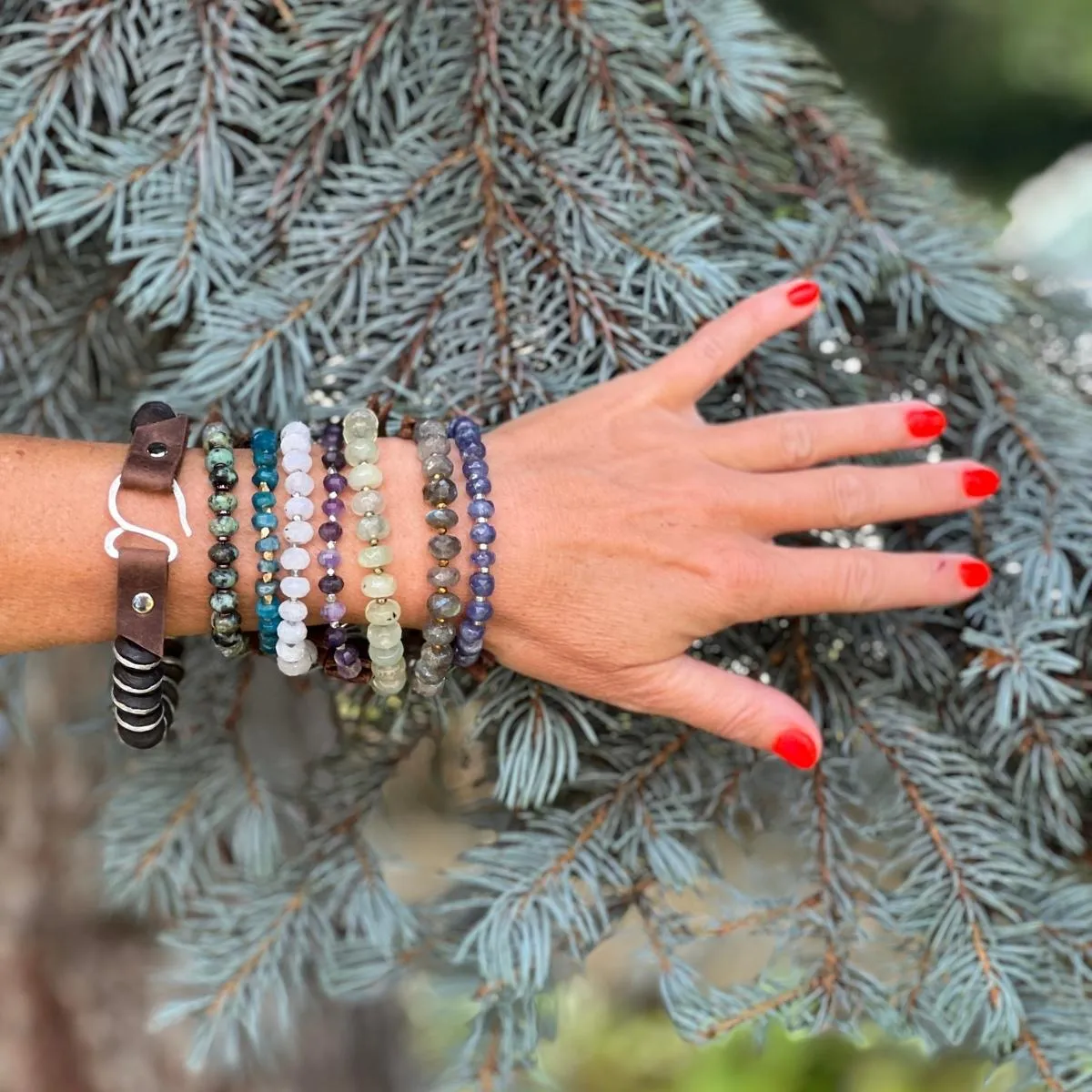 Serenity Statement Bracelet Combo - 7 Gemstone Chakra Jewelry to Bring You Good Vibes: Tanzanite, Amethyst, Moonstone, Labradorite, Apatite, Ebony Wood, Prehnite