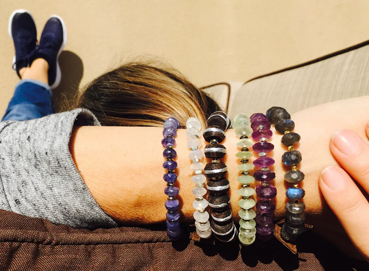 Serenity Statement Bracelet Combo - 7 Gemstone Chakra Jewelry to Bring You Good Vibes: Tanzanite, Amethyst, Moonstone, Labradorite, Apatite, Ebony Wood, Prehnite