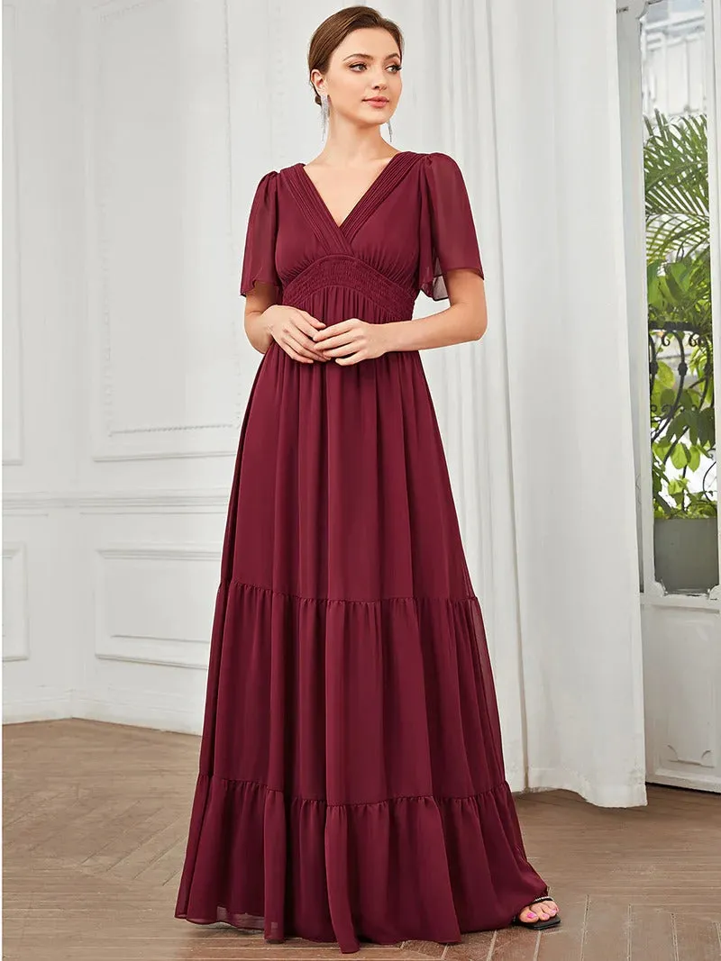 Simple V Neck A Line Short Sleeves Evening Dress