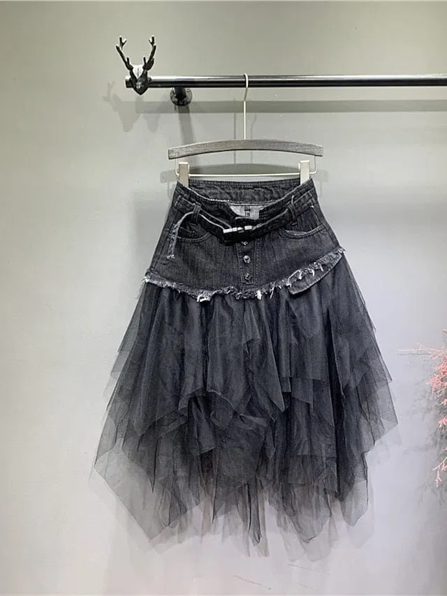 Swing Style Women's Tulle Denim Skirt with Belt in Black and Light Blue Sizes S M L