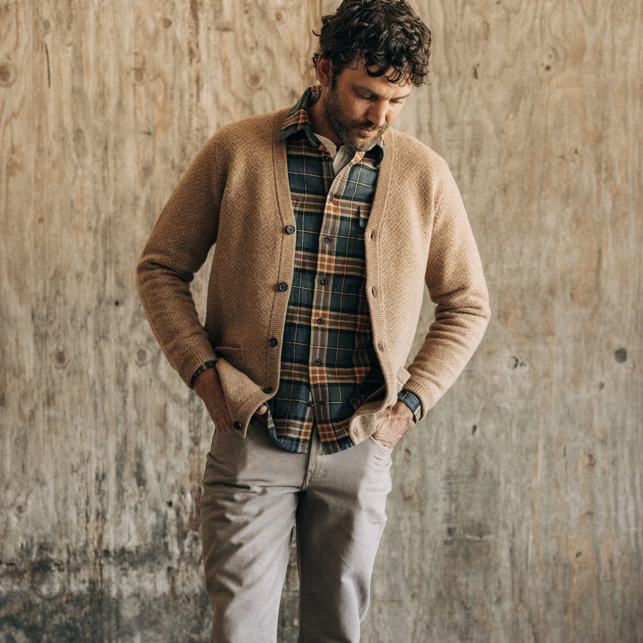 The Eddy Cardigan in Camel Herringbone Merino