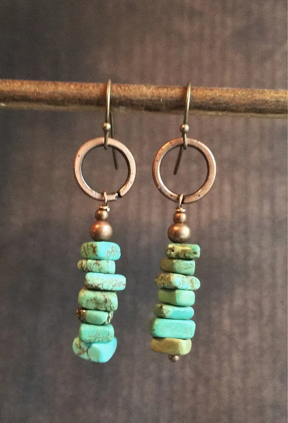 Turquoise Earrings, Blue Green Turquoise Dangle Earrings