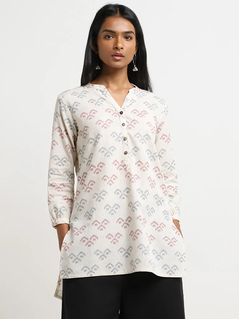 Utsa Beige Abstract Printed Cotton High-Low Kurti