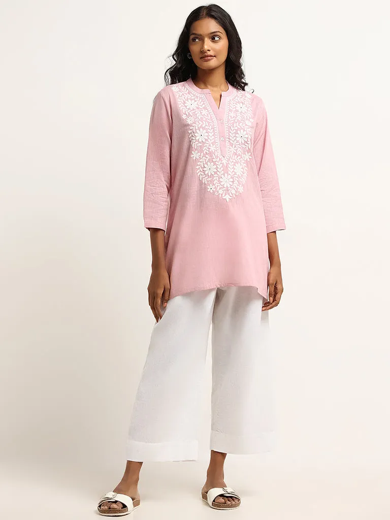 Utsa Pink Floral Embroidered Cotton Kurti