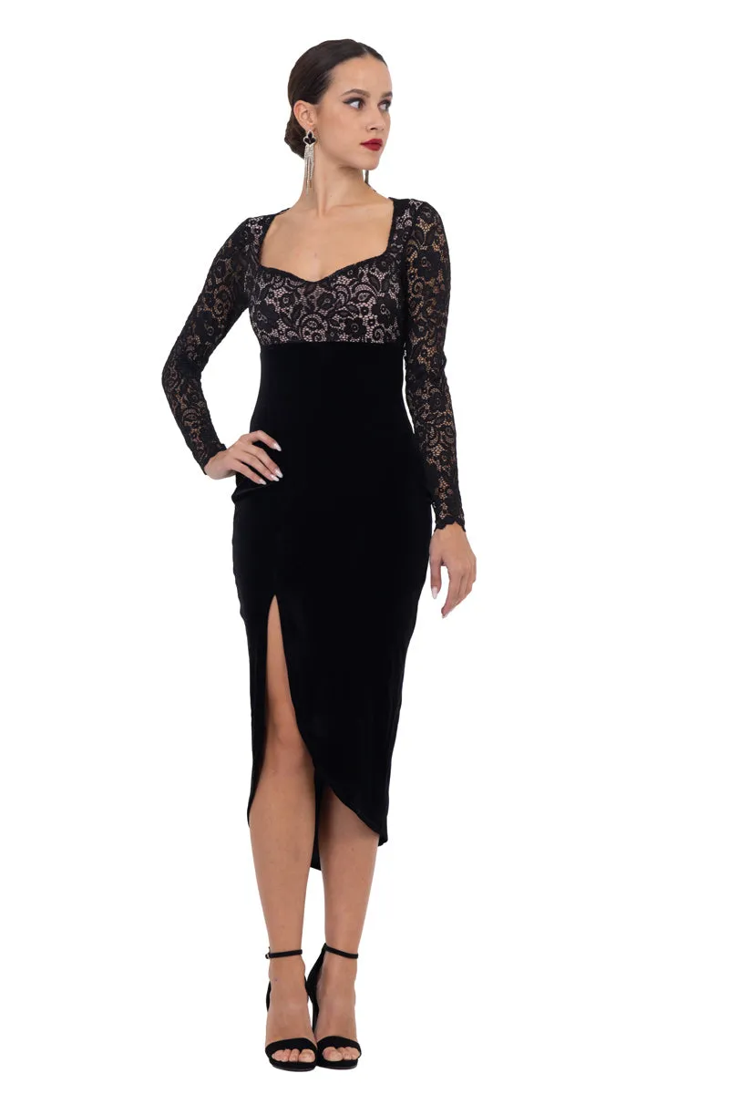 Velvet Dress With Guipure Lace & Curved Slit