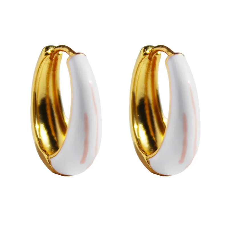 Vintage Art Painting White Drop Glazed Brozen Gold Plated U Shape Stud Earrings