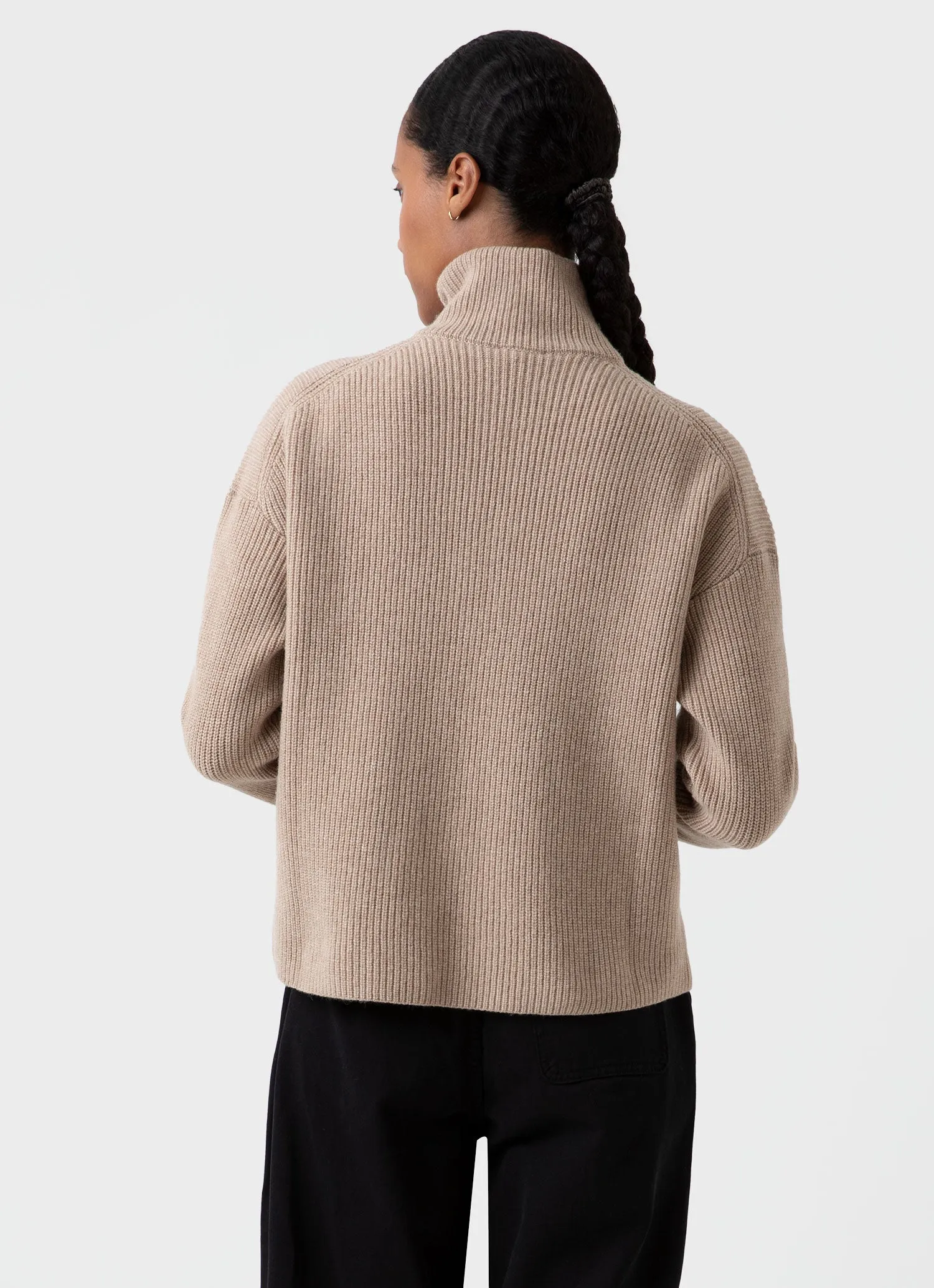 Women's Wool Cashmere Rib Zip Neck in Oatmeal Melange